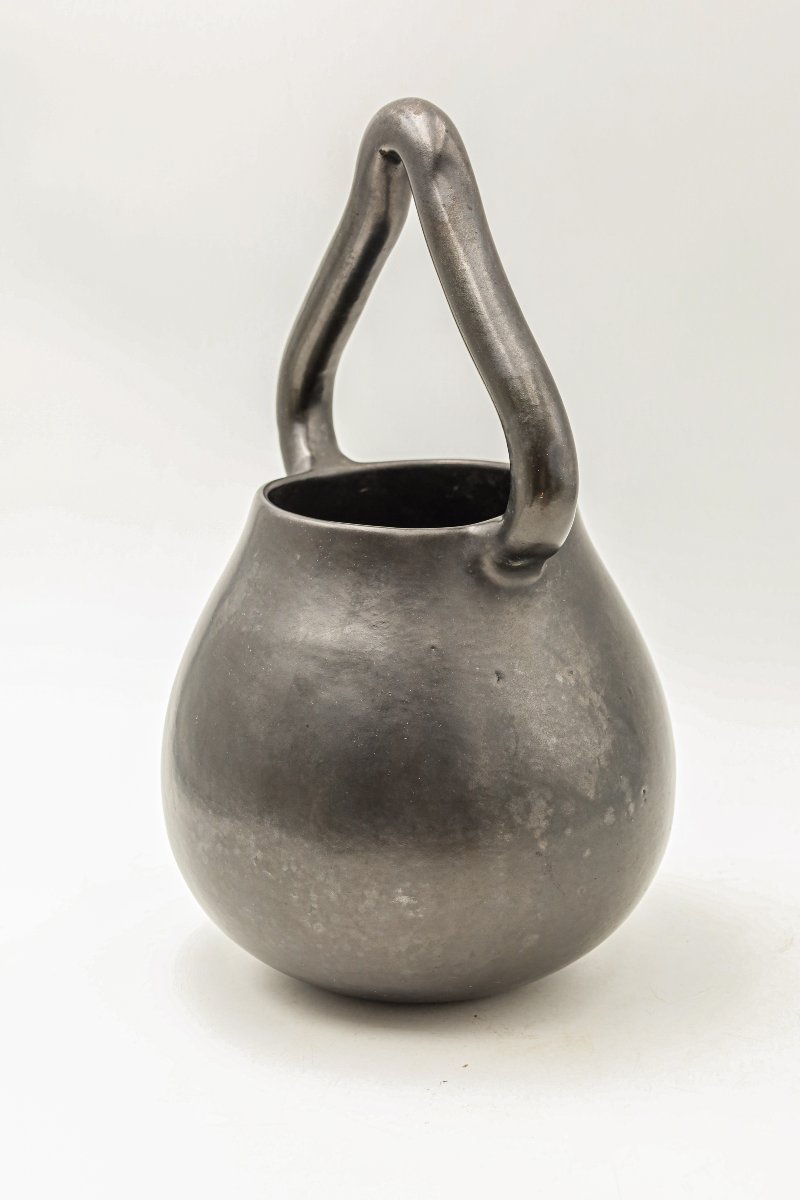 Rare Large Matte Black Ceramic Cauldron In The Style Of Georges Jouve Vintage 50's Design-photo-4