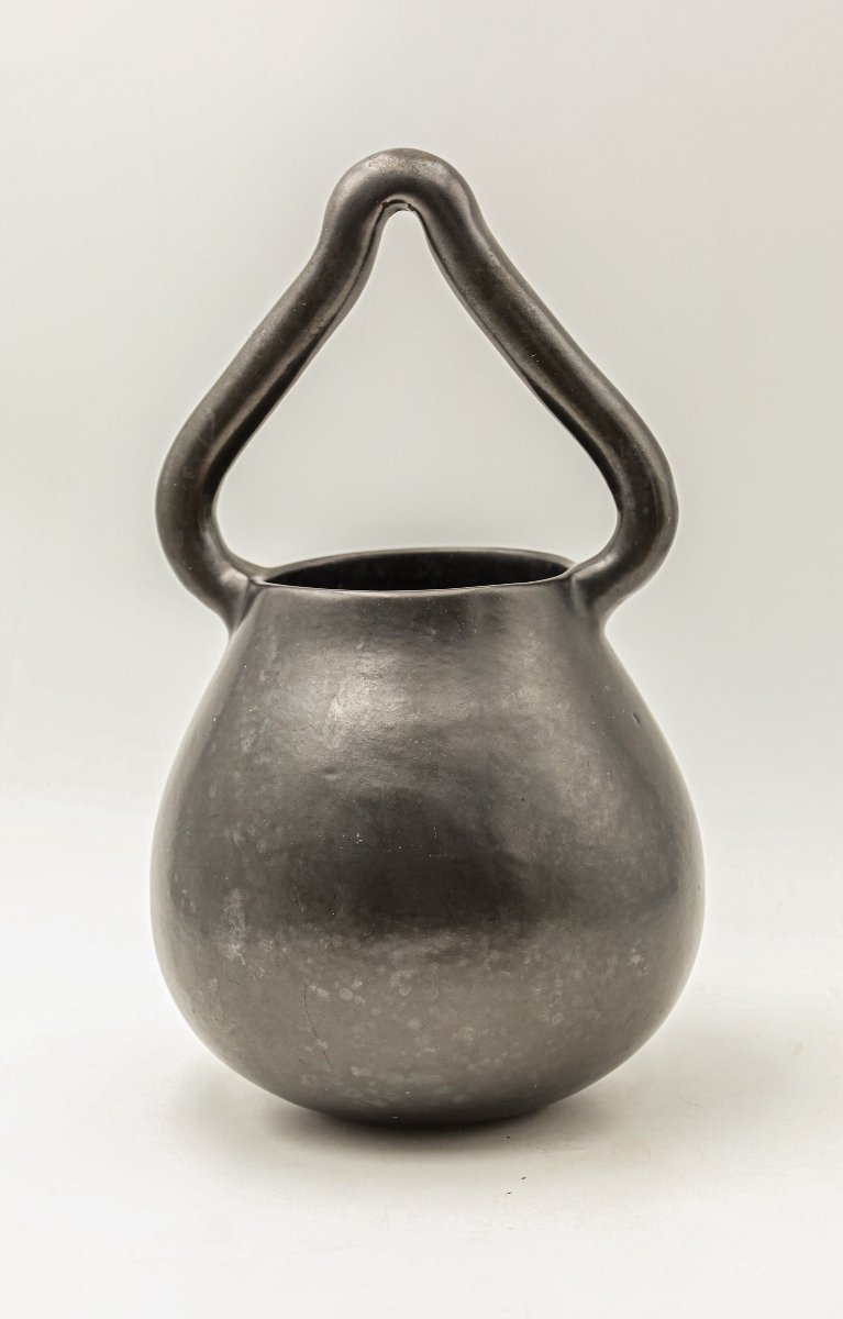 Rare Large Matte Black Ceramic Cauldron In The Style Of Georges Jouve Vintage 50's Design-photo-1
