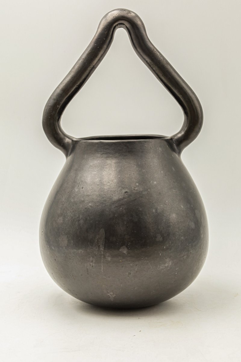 Rare Large Matte Black Ceramic Cauldron In The Style Of Georges Jouve Vintage 50's Design
