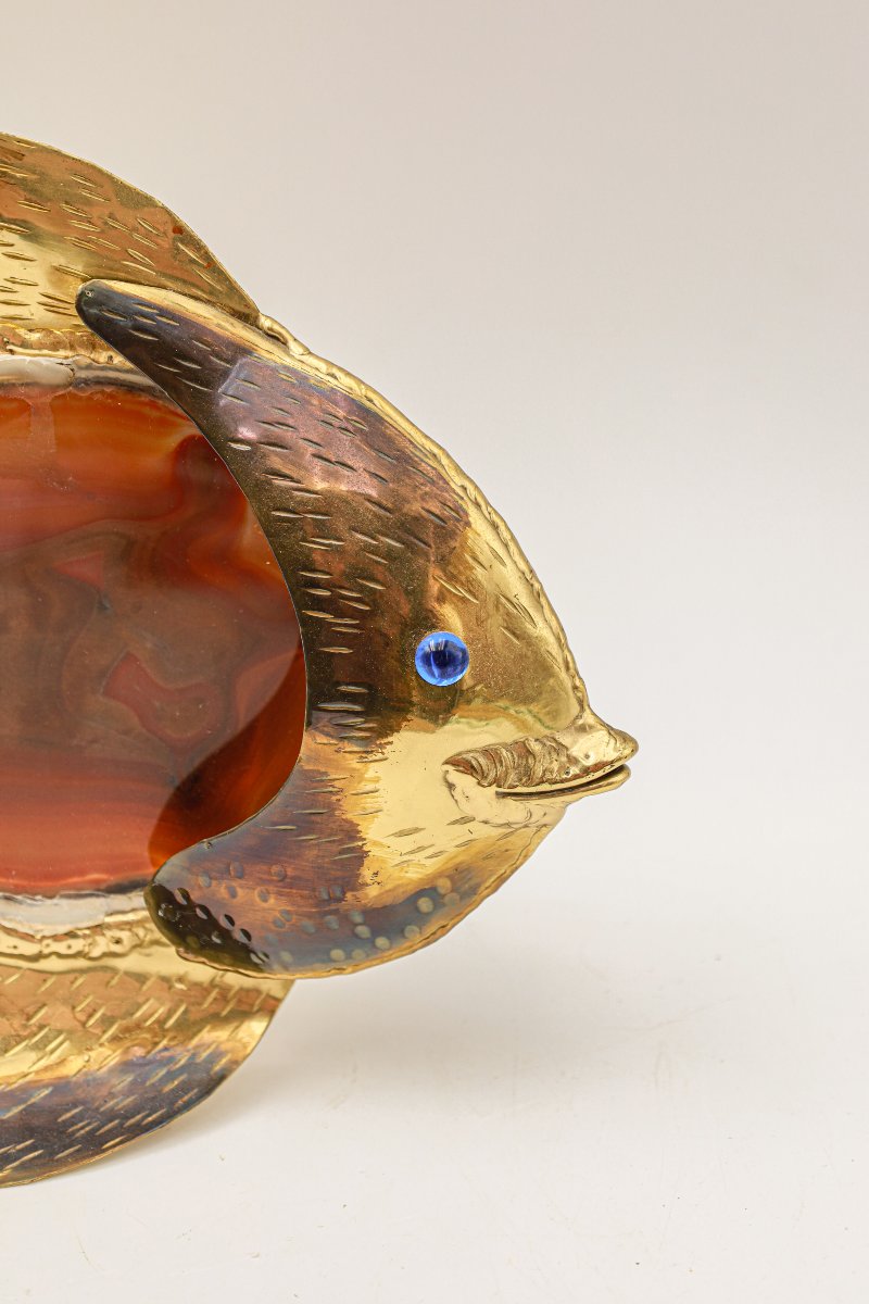 Lampe en forme de poisson brutaliste en laiton soudé et agate signée Philippe Lambert -photo-3