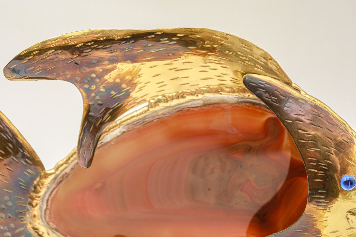 Lampe en forme de poisson brutaliste en laiton soudé et agate signée Philippe Lambert -photo-1