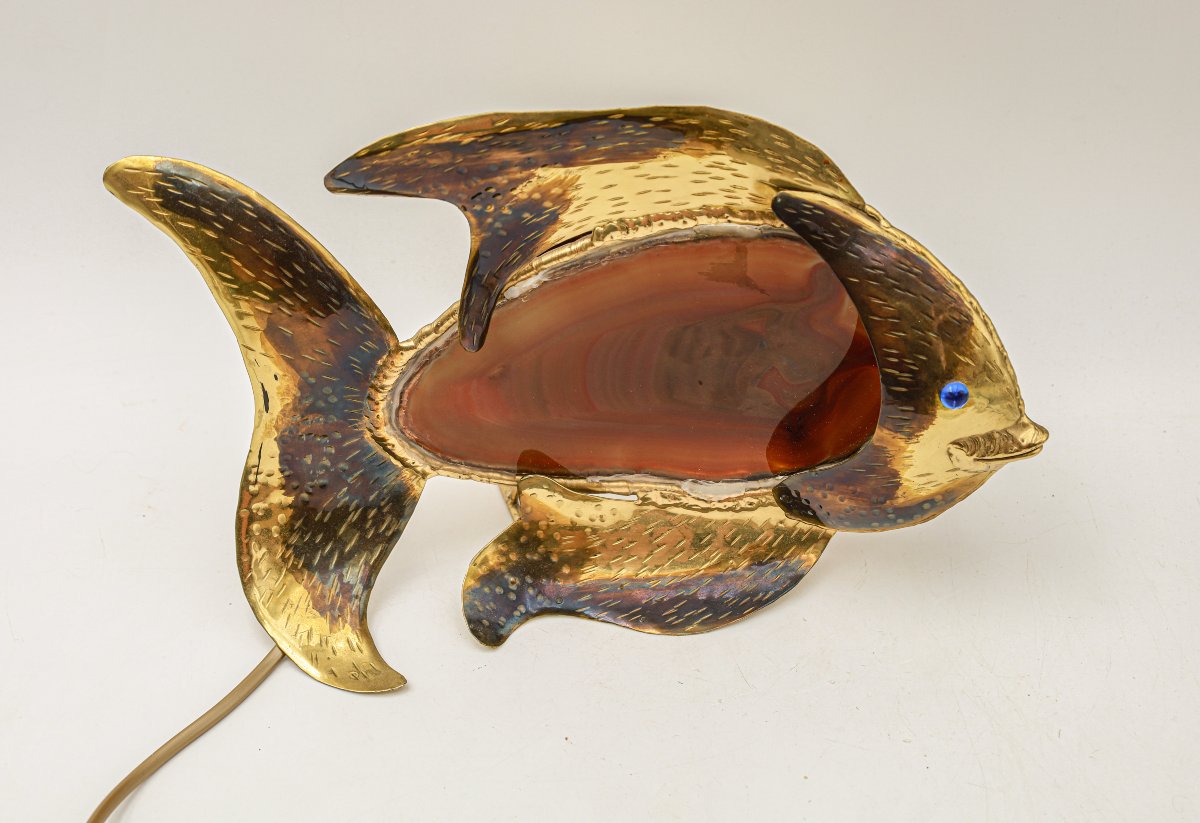 Lampe en forme de poisson brutaliste en laiton soudé et agate signée Philippe Lambert 