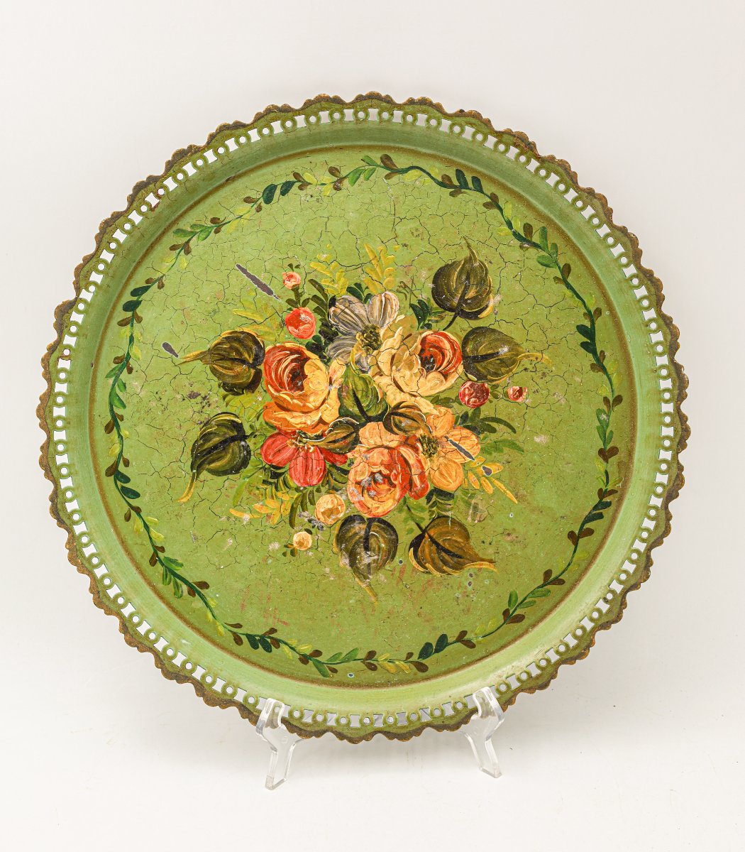 Ancien plateau en tôle peinte fleurs Napoléon III