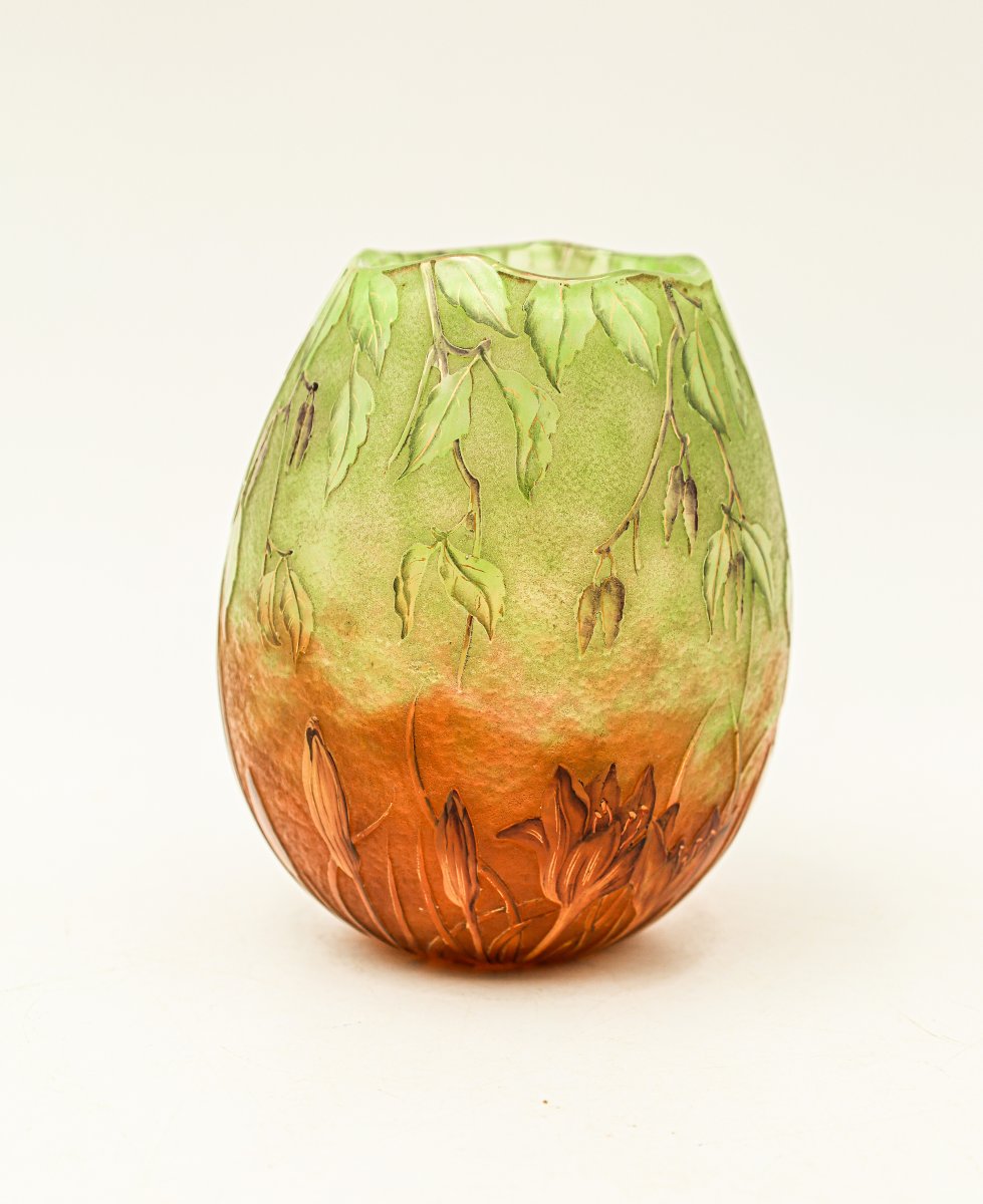 Daum Nancy Acid-etched Multi-layered Glass Vase With Crocus Art Nouveau Pâte De Verre Design-photo-4