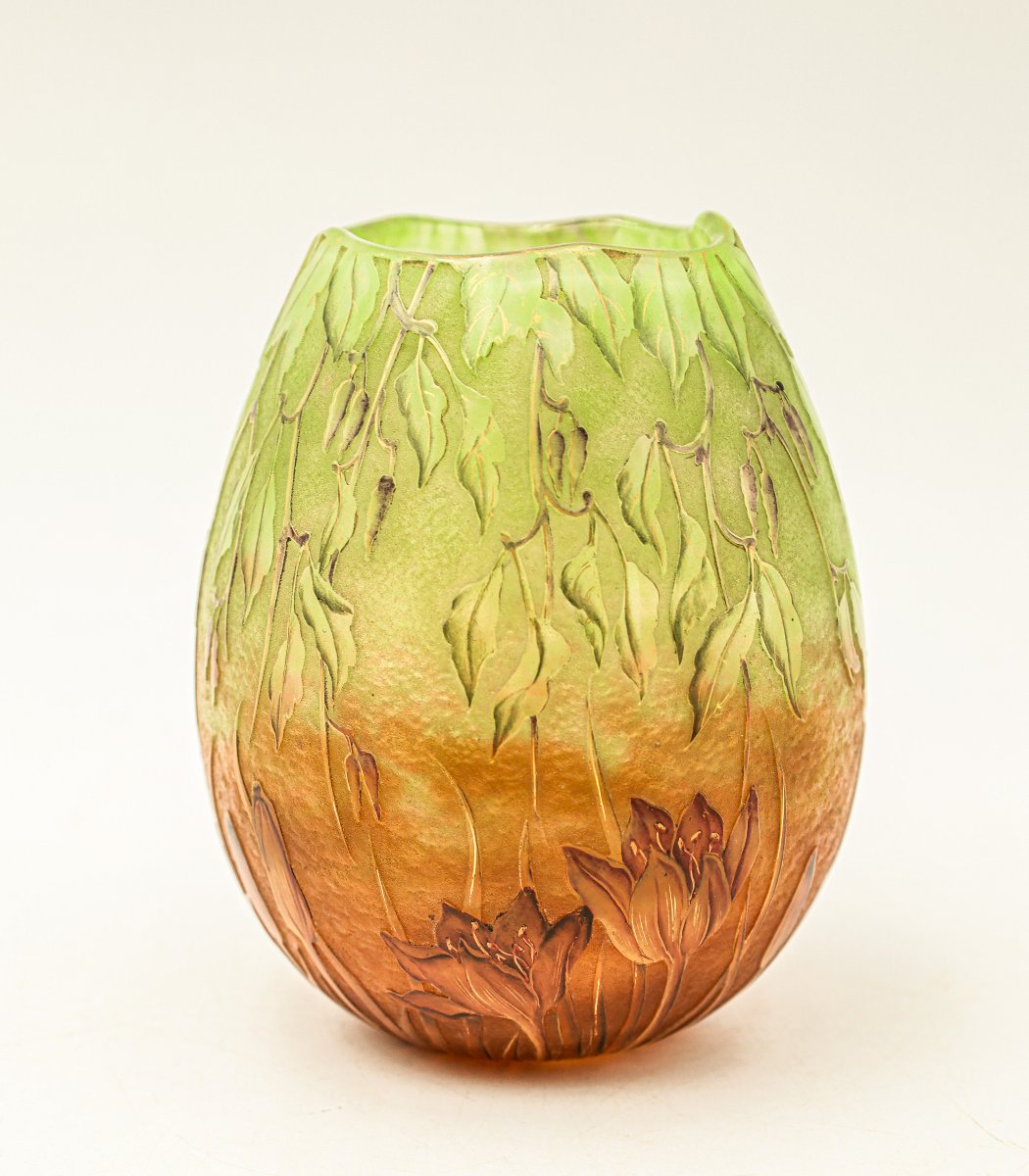 Daum Nancy Acid-etched Multi-layered Glass Vase With Crocus Art Nouveau Pâte De Verre Design-photo-1