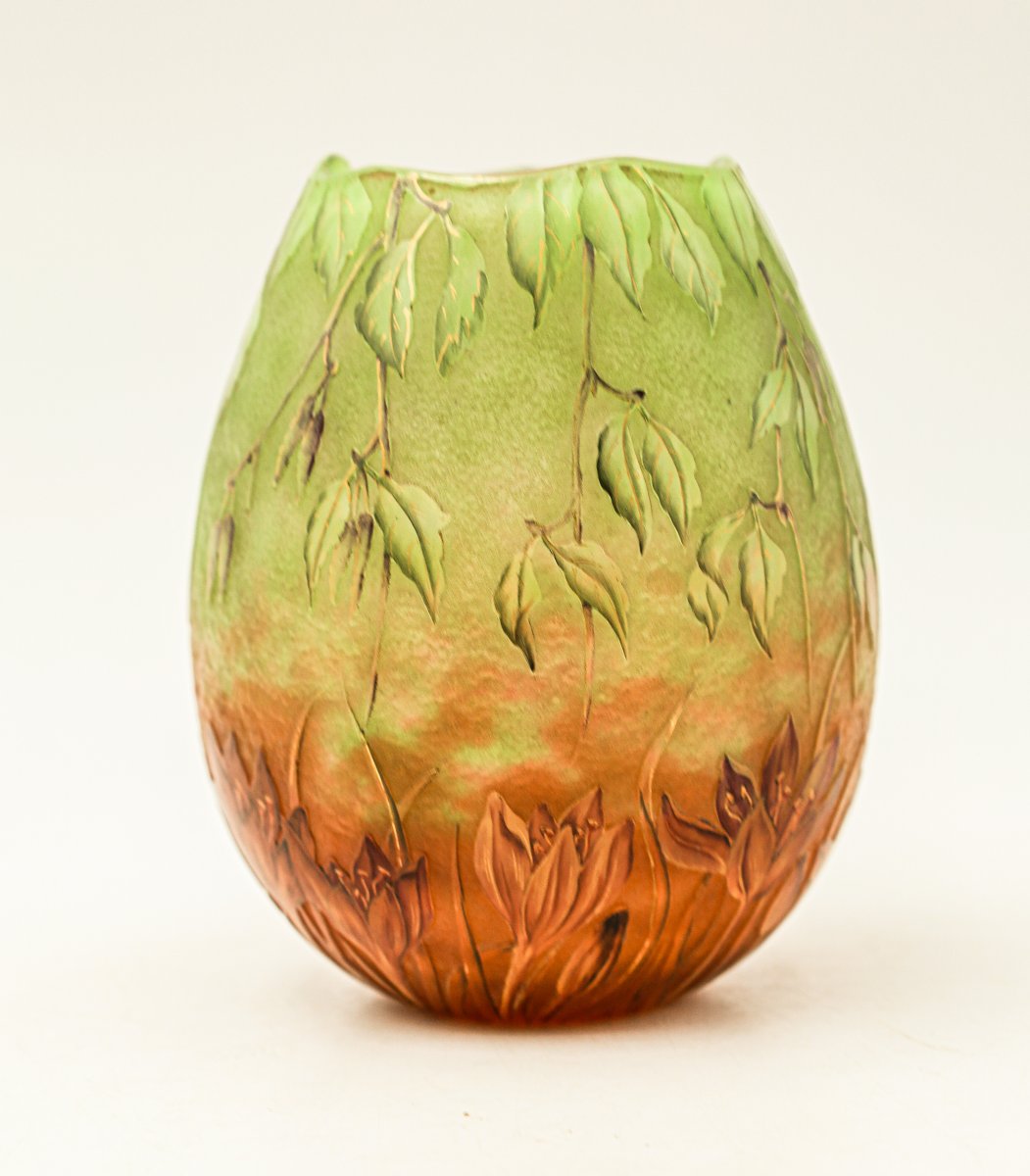 Daum Nancy Acid-etched Multi-layered Glass Vase With Crocus Art Nouveau Pâte De Verre Design-photo-2