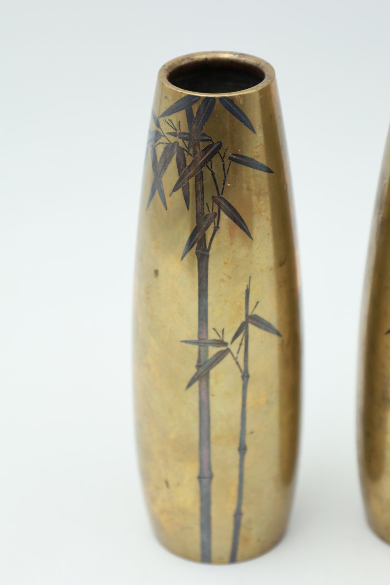 Pair Of Japanese Bronze Vases, Late 19th–early 20th Century, With Bamboo Branches-photo-2