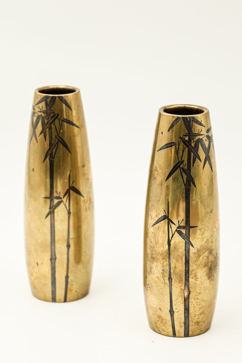 Pair Of Japanese Bronze Vases, Late 19th–early 20th Century, With Bamboo Branches-photo-4