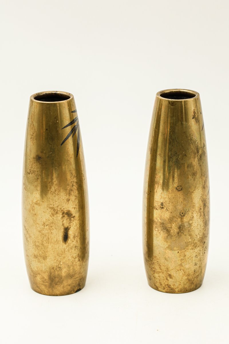 Pair Of Japanese Bronze Vases, Late 19th–early 20th Century, With Bamboo Branches-photo-1