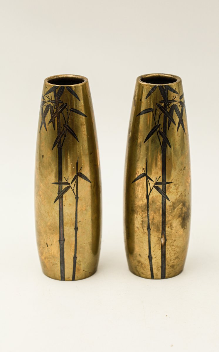 Pair Of Japanese Bronze Vases, Late 19th–early 20th Century, With Bamboo Branches