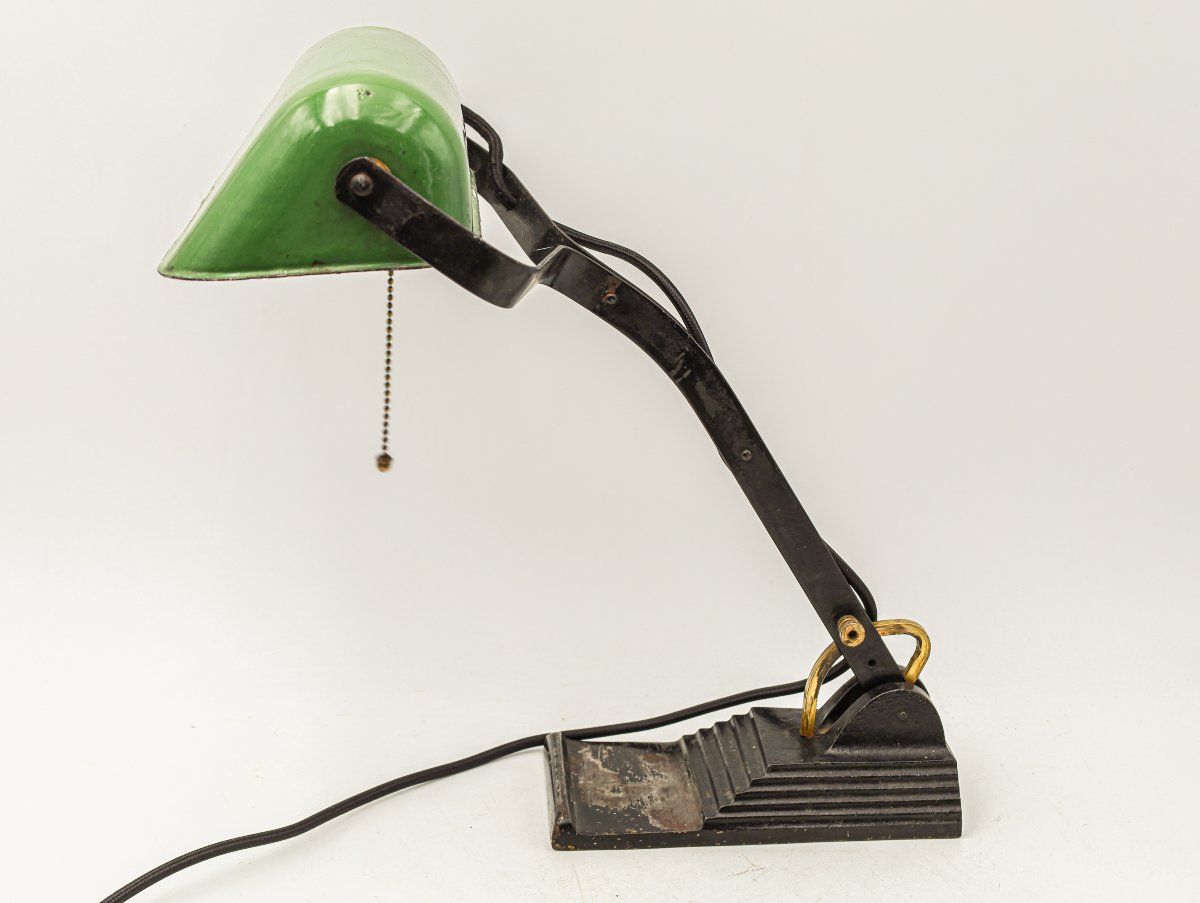 Lampe de banquier bureau de marque Niam Art Déco tôle émaillée fonte-photo-3