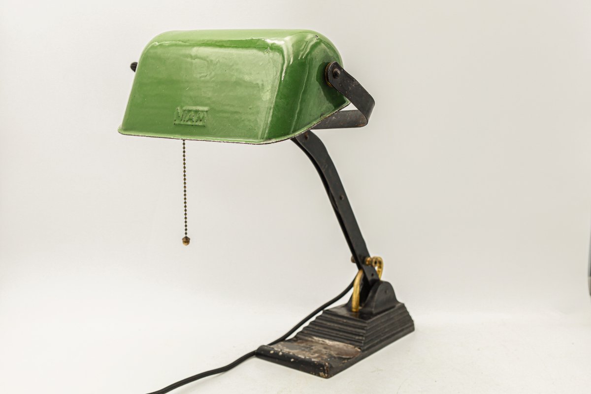 Lampe de banquier bureau de marque Niam Art Déco tôle émaillée fonte