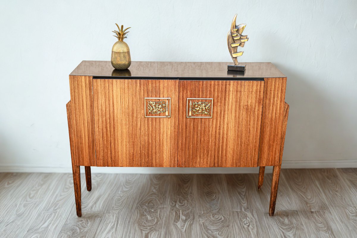 Vintage Art Deco Oak Designer Bar Cabinet-photo-3