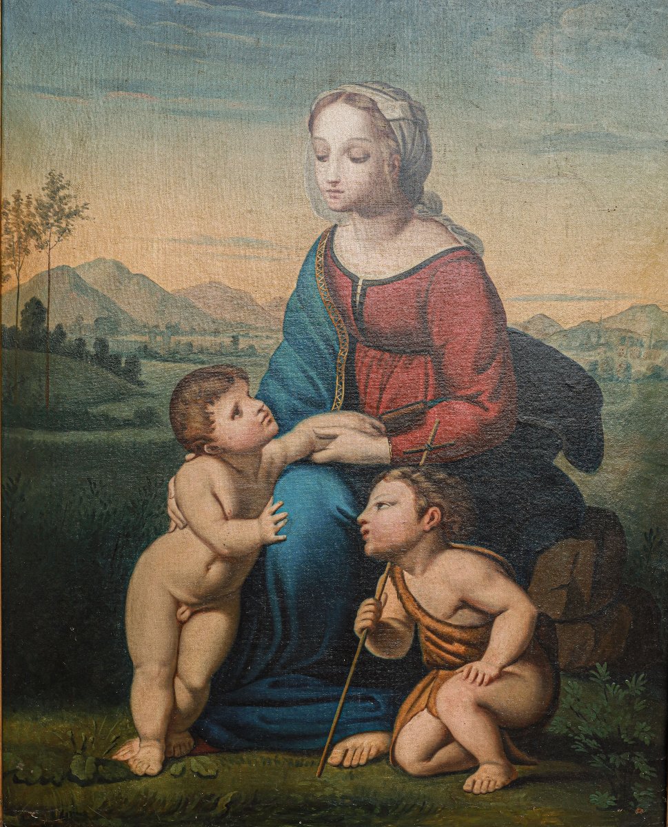 Tableau huile sur toile HST vierge à l'enfant avec le petit Saint Jean Baptiste XIXème siècle-photo-2