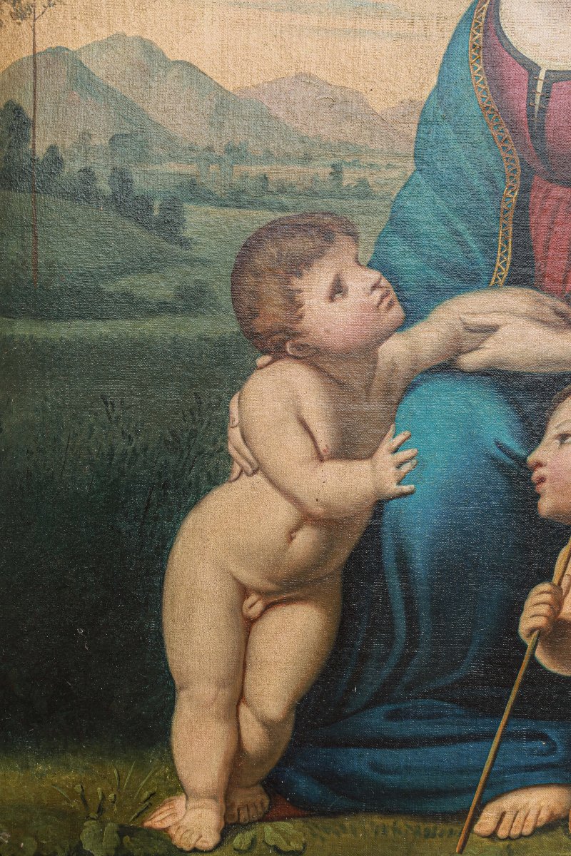 Tableau huile sur toile HST vierge à l'enfant avec le petit Saint Jean Baptiste XIXème siècle-photo-4