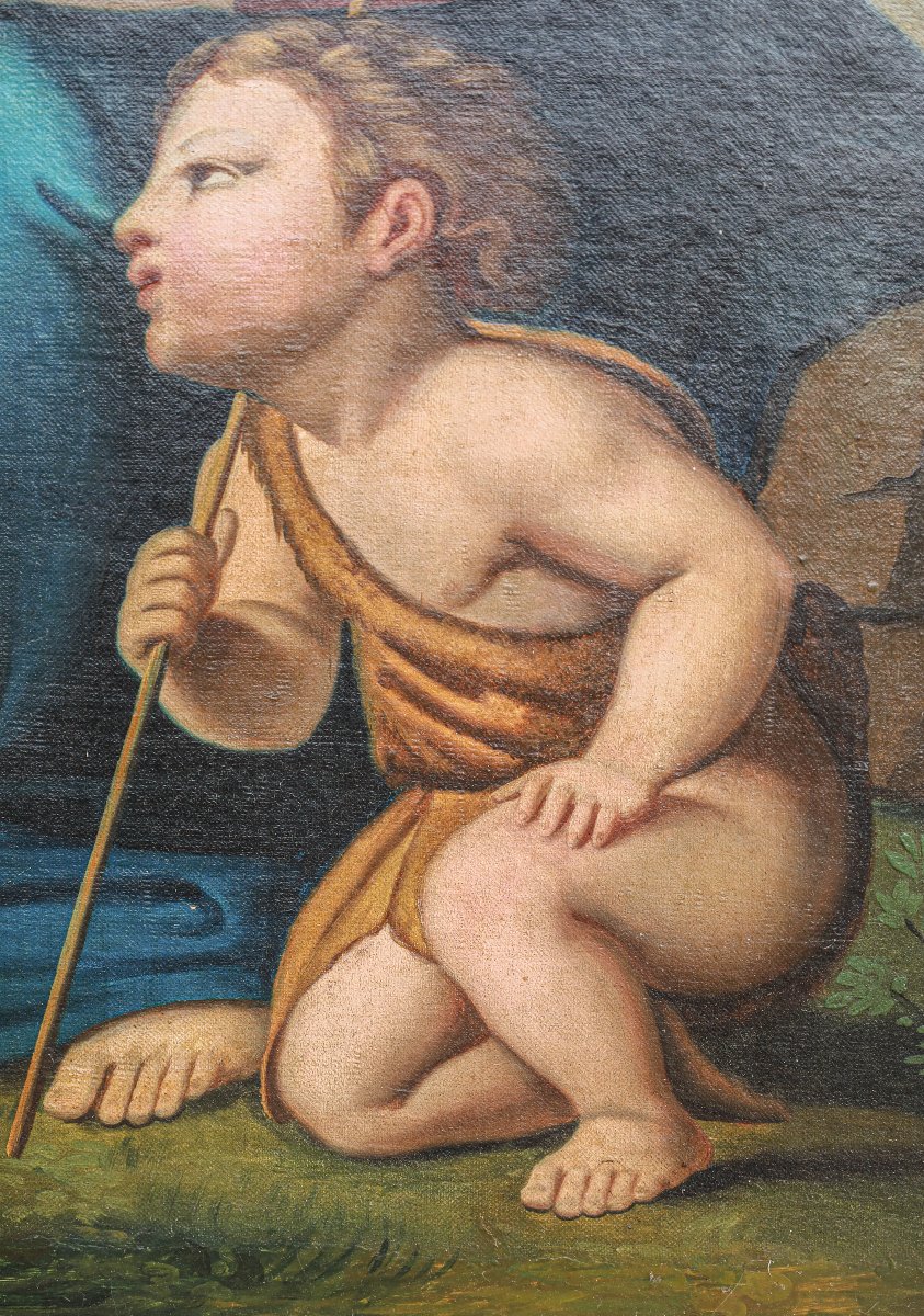 Tableau huile sur toile HST vierge à l'enfant avec le petit Saint Jean Baptiste XIXème siècle-photo-1