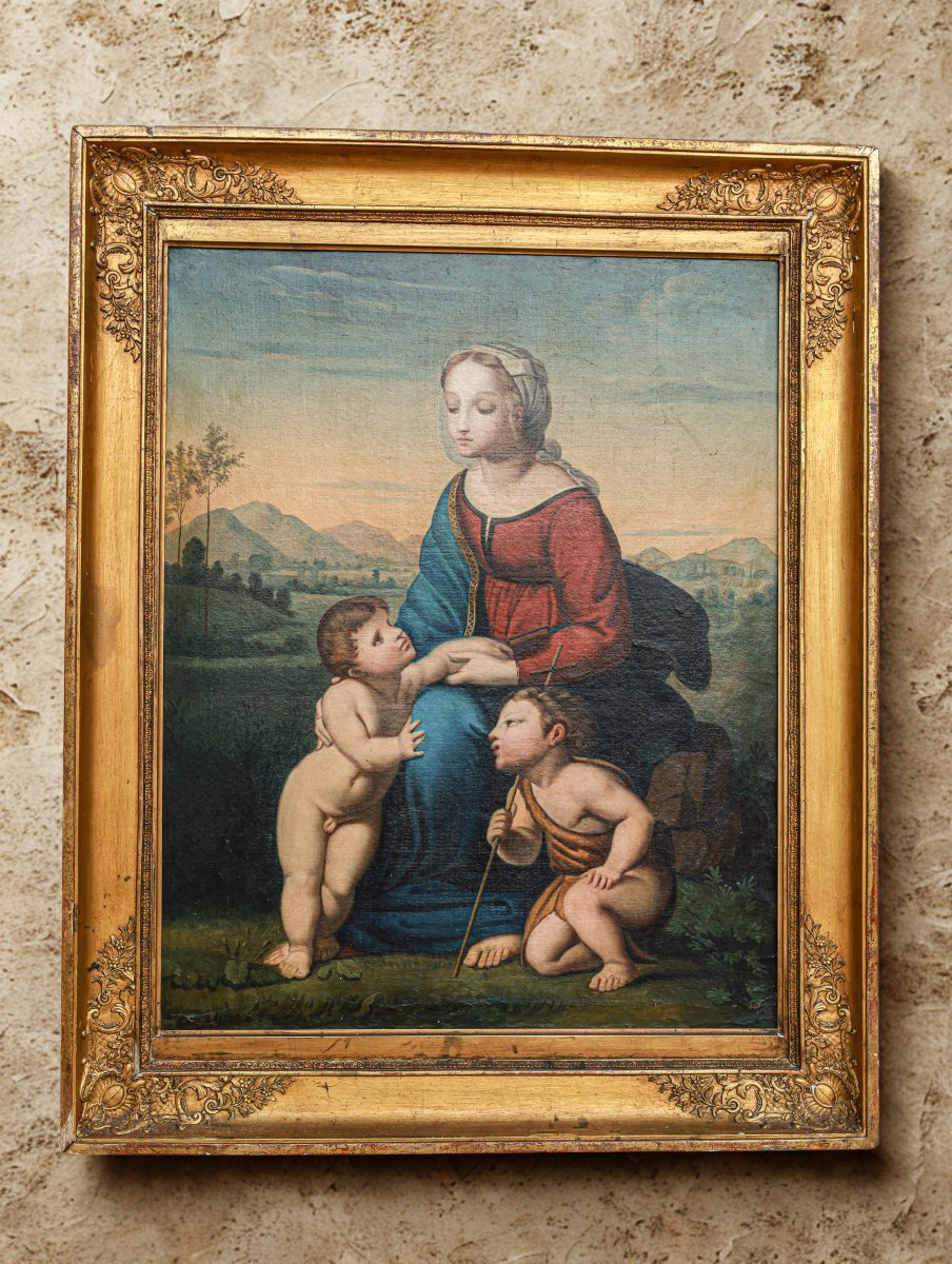 Tableau huile sur toile HST vierge à l'enfant avec le petit Saint Jean Baptiste XIXème siècle