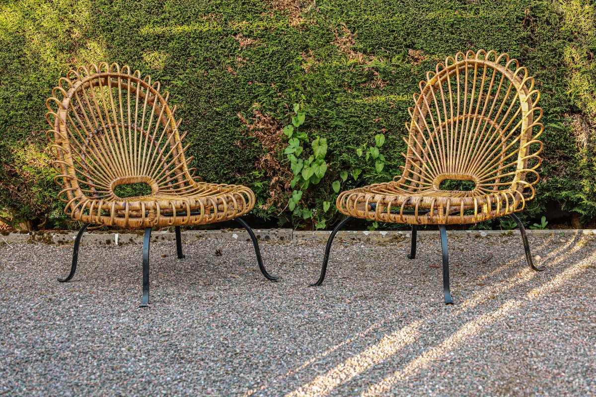 Paire de fauteuils rotin et fer forgé Janine Abraham et Dirk Jan Rol maison Rougier vintage