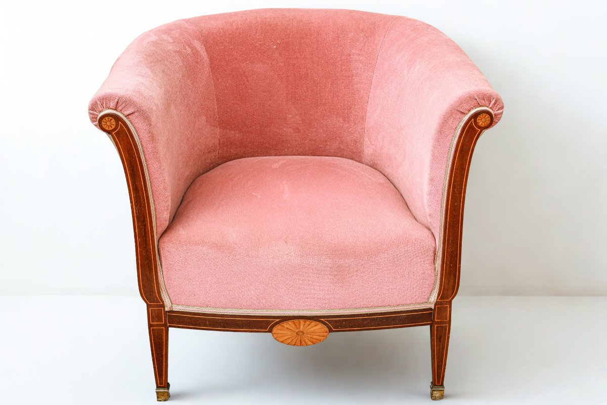 Vintage Art Deco Barrel Chair With Mahogany Veneer And Straw -photo-2