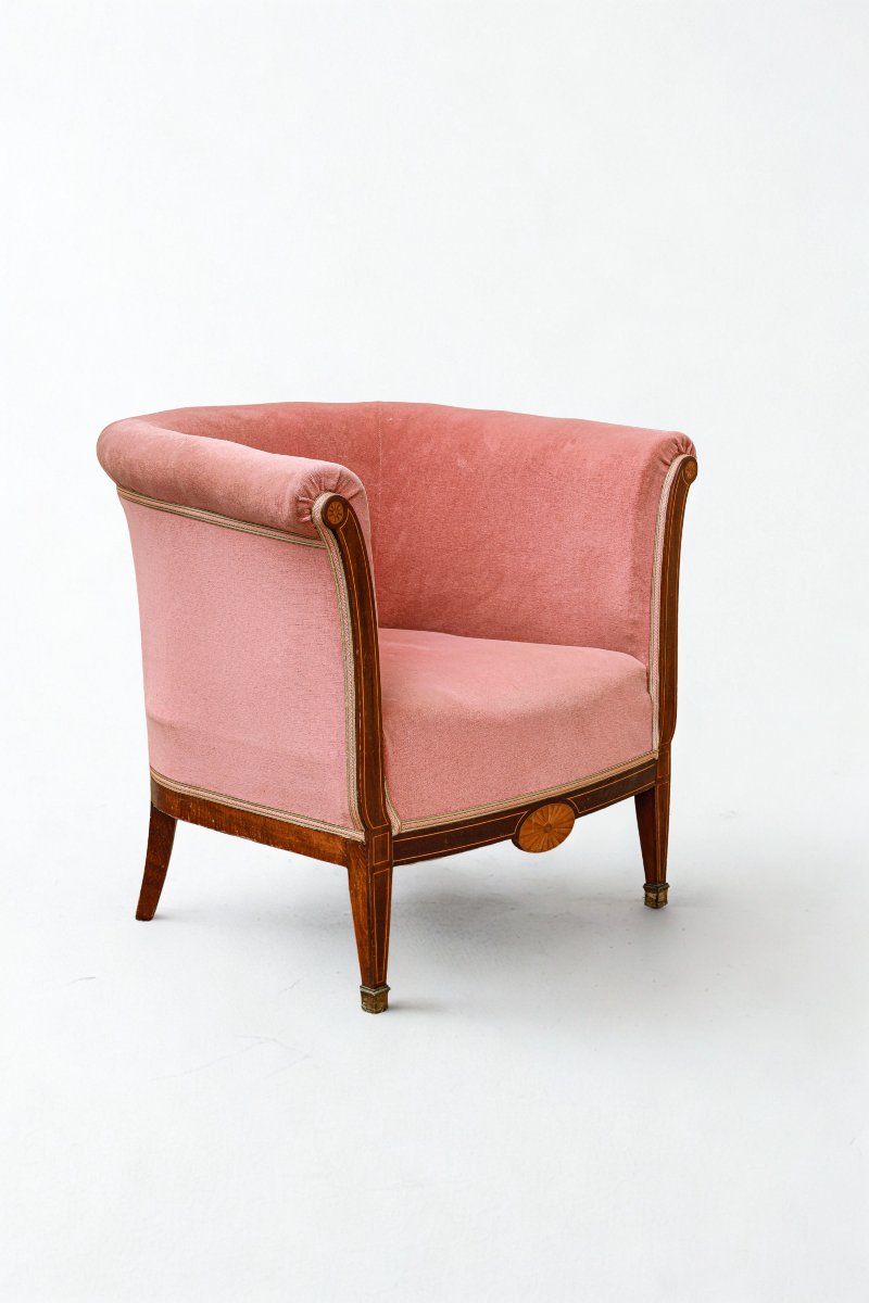 Vintage Art Deco Barrel Chair With Mahogany Veneer And Straw -photo-3