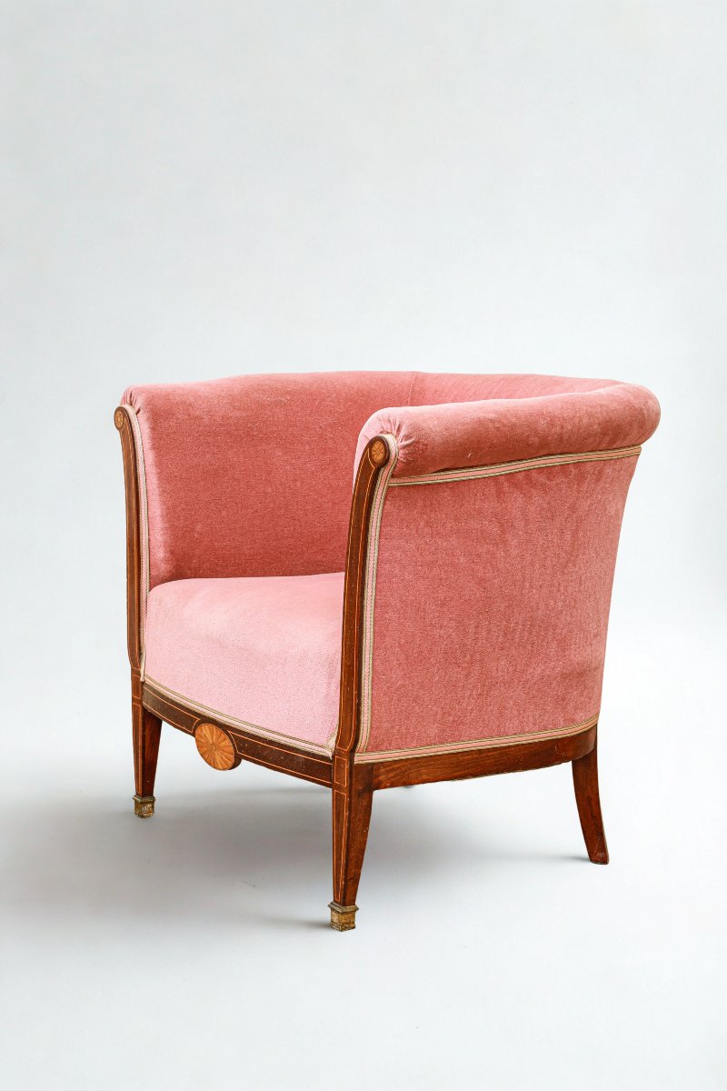 Vintage Art Deco Barrel Chair With Mahogany Veneer And Straw -photo-4