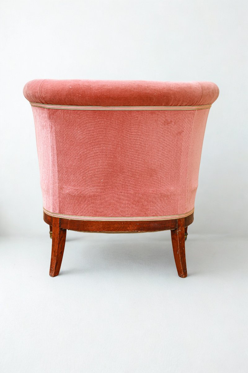 Vintage Art Deco Barrel Chair With Mahogany Veneer And Straw -photo-1