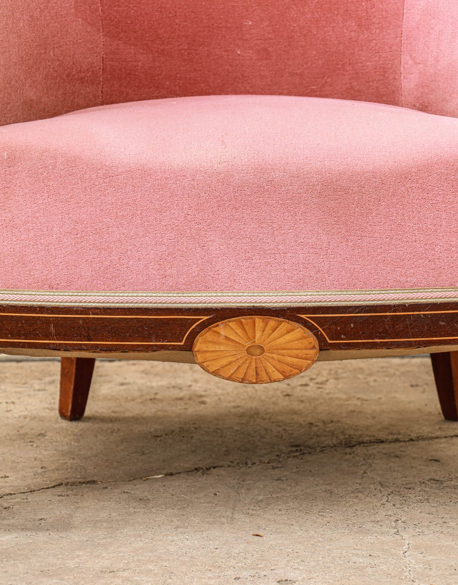 Vintage Art Deco Barrel Chair With Mahogany Veneer And Straw -photo-2