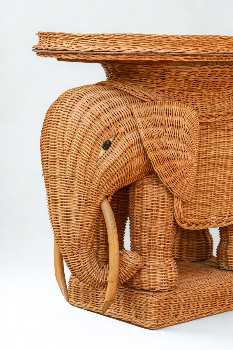 Table d’appoint ou table basse en rotin et osier tressé design Vivai Del Sud éléphant vintage -photo-2