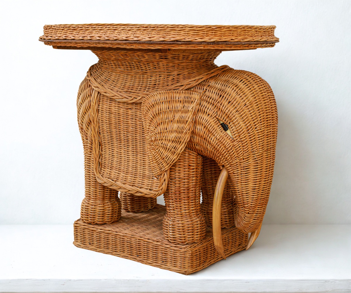 Table d’appoint ou table basse en rotin et osier tressé design Vivai Del Sud éléphant vintage -photo-3