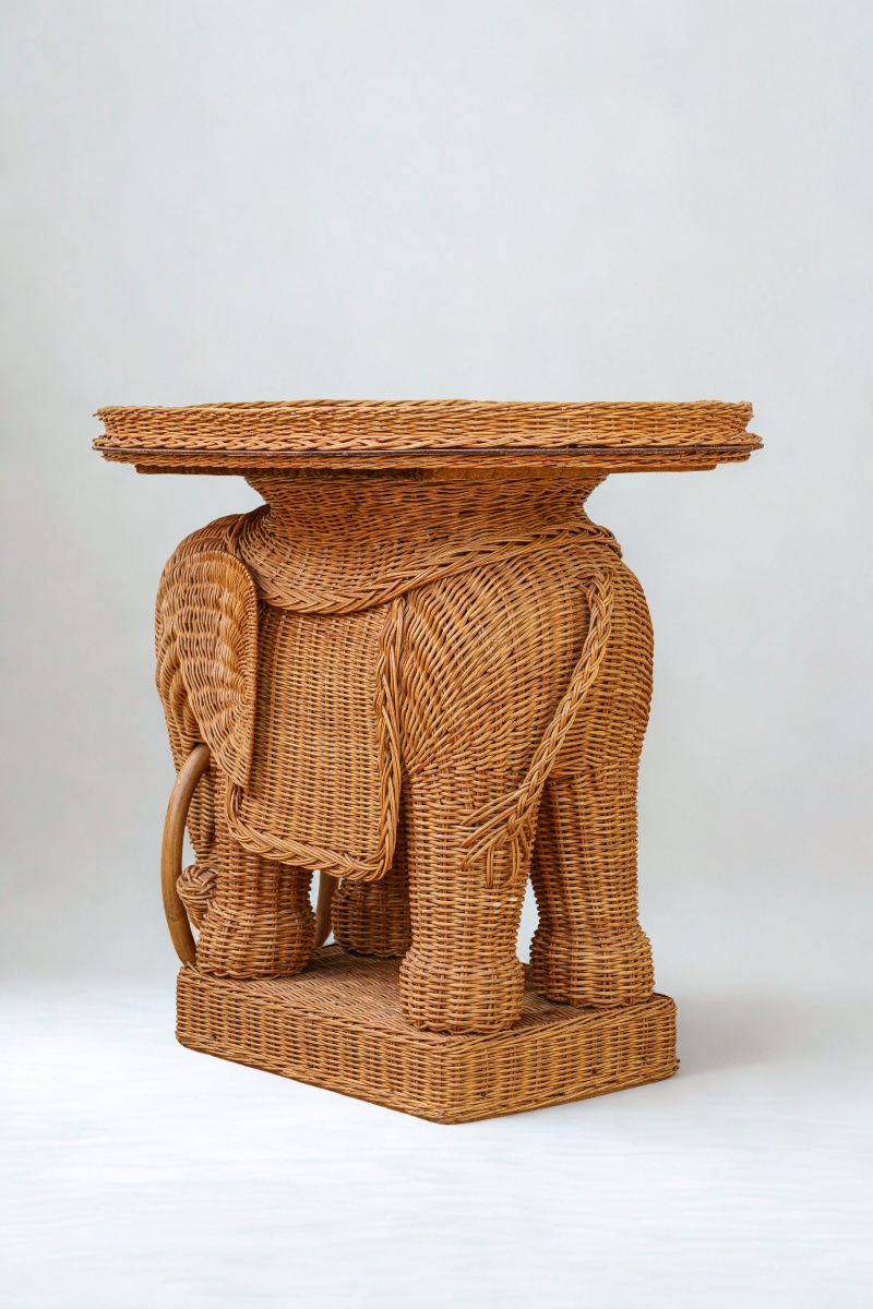 Table d’appoint ou table basse en rotin et osier tressé design Vivai Del Sud éléphant vintage -photo-2