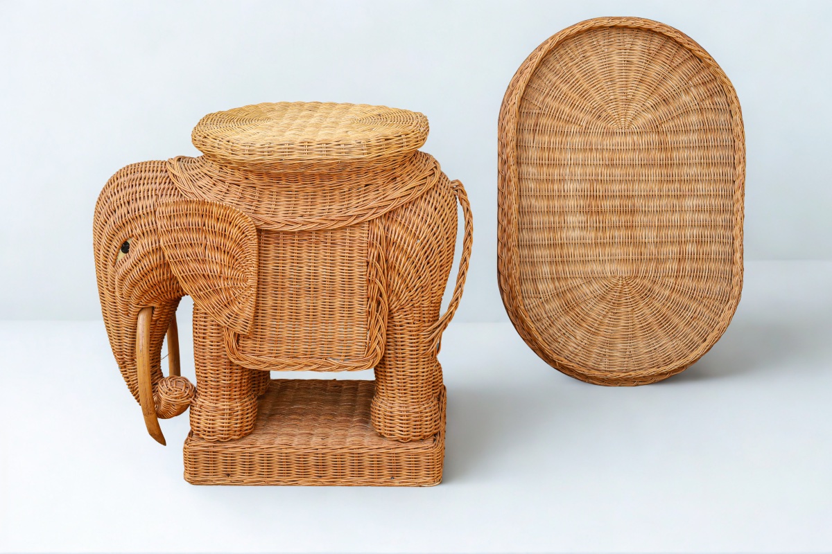 Table d’appoint ou table basse en rotin et osier tressé design Vivai Del Sud éléphant vintage -photo-3
