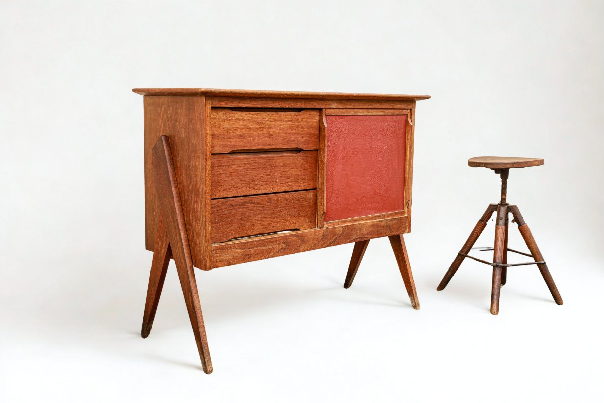 Petite enfilade chêne période reconstruction pieds compas vintage design 50-photo-2