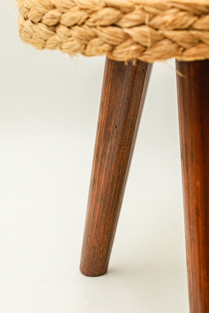 Vintage Audoux Minet-style Tripod Shepherd's Stool Or Rope-wrapped Plant Stand-photo-2