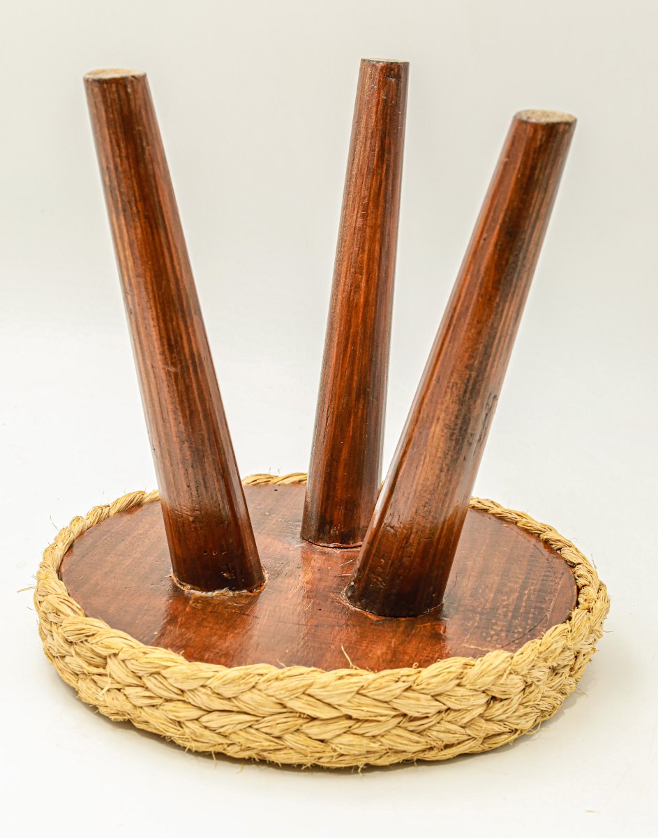 Vintage Audoux Minet-style Tripod Shepherd's Stool Or Rope-wrapped Plant Stand-photo-3