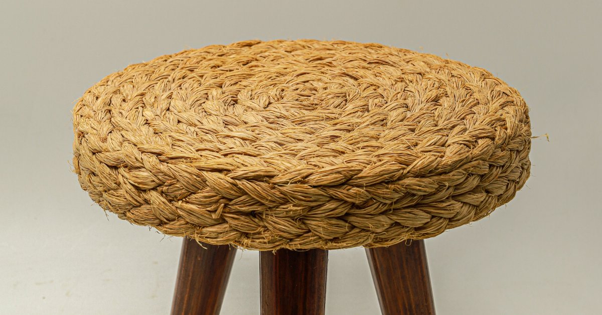 Vintage Audoux Minet-style Tripod Shepherd's Stool Or Rope-wrapped Plant Stand-photo-1