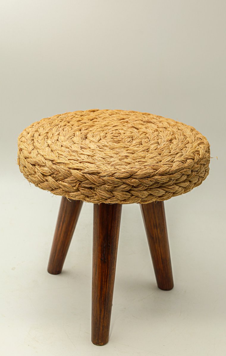 Vintage Audoux Minet-style Tripod Shepherd's Stool Or Rope-wrapped Plant Stand-photo-2