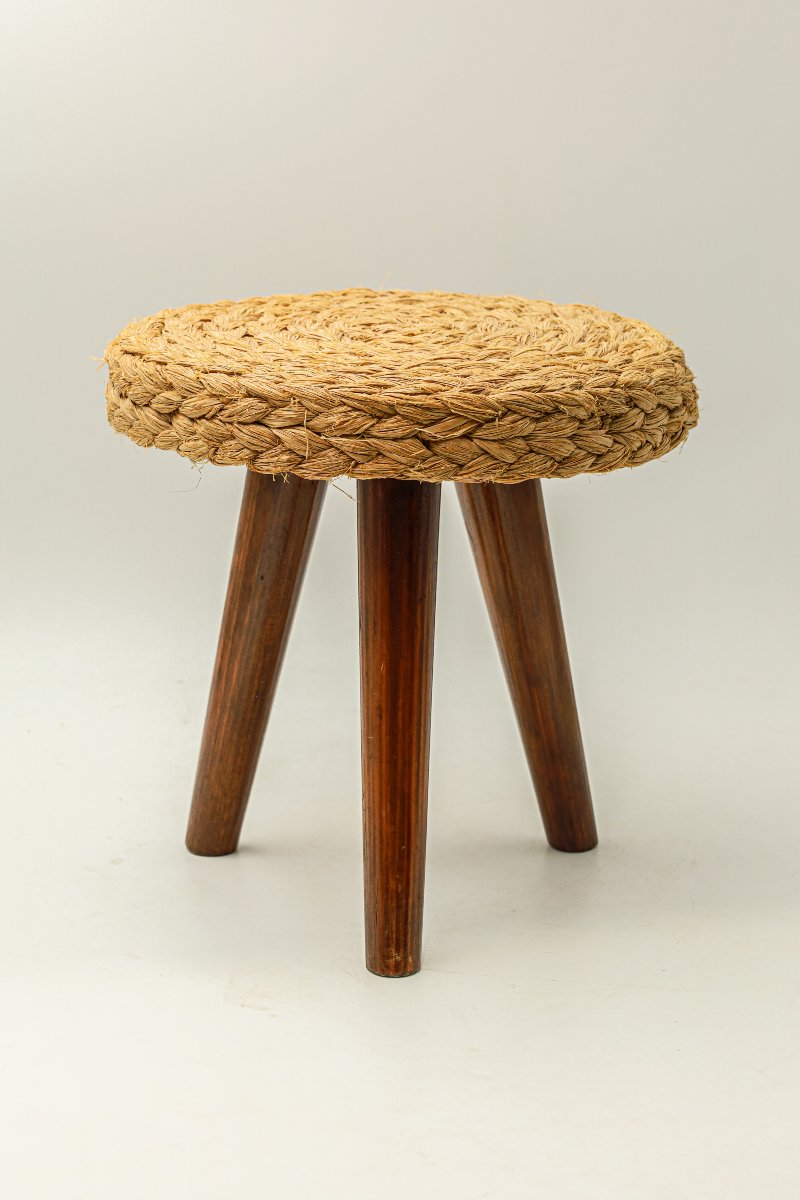 Vintage Audoux Minet-style Tripod Shepherd's Stool Or Rope-wrapped Plant Stand