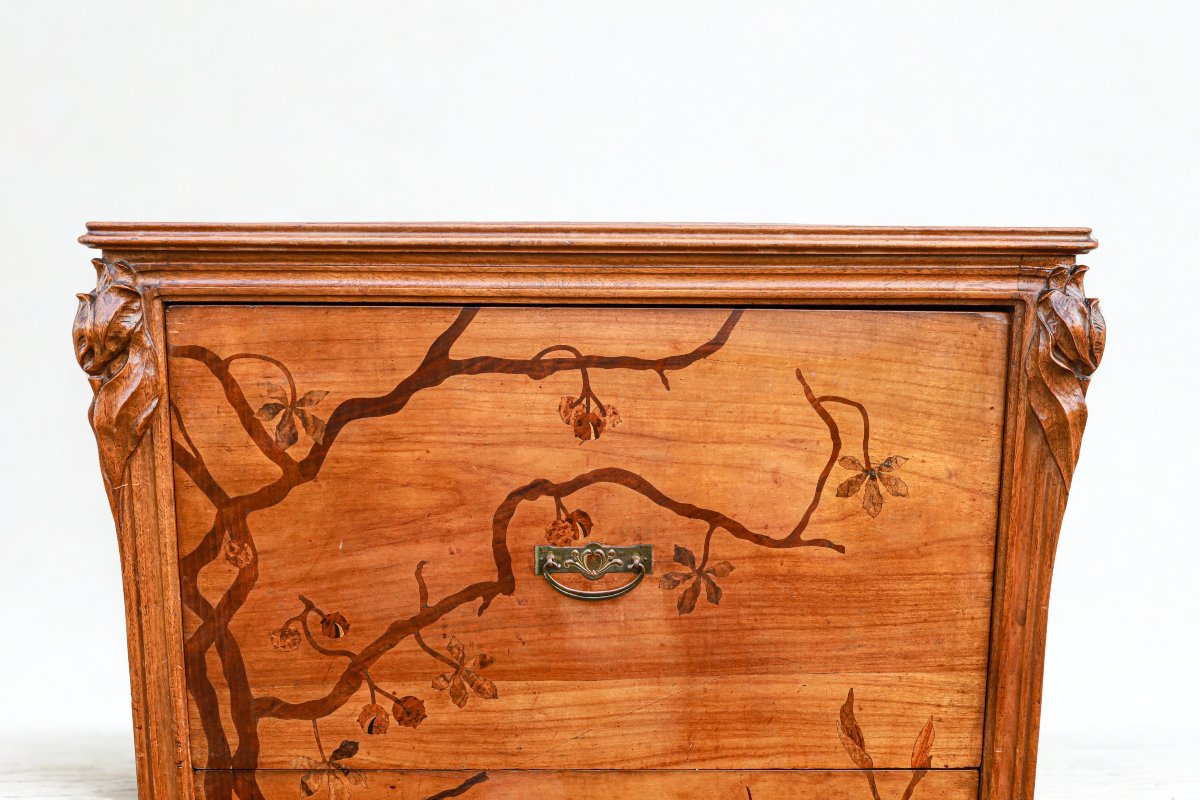 Rare Art Nouveau Walnut Chest Of Drawers With Iris, Chestnut, And Water Lily Motifs  -photo-3