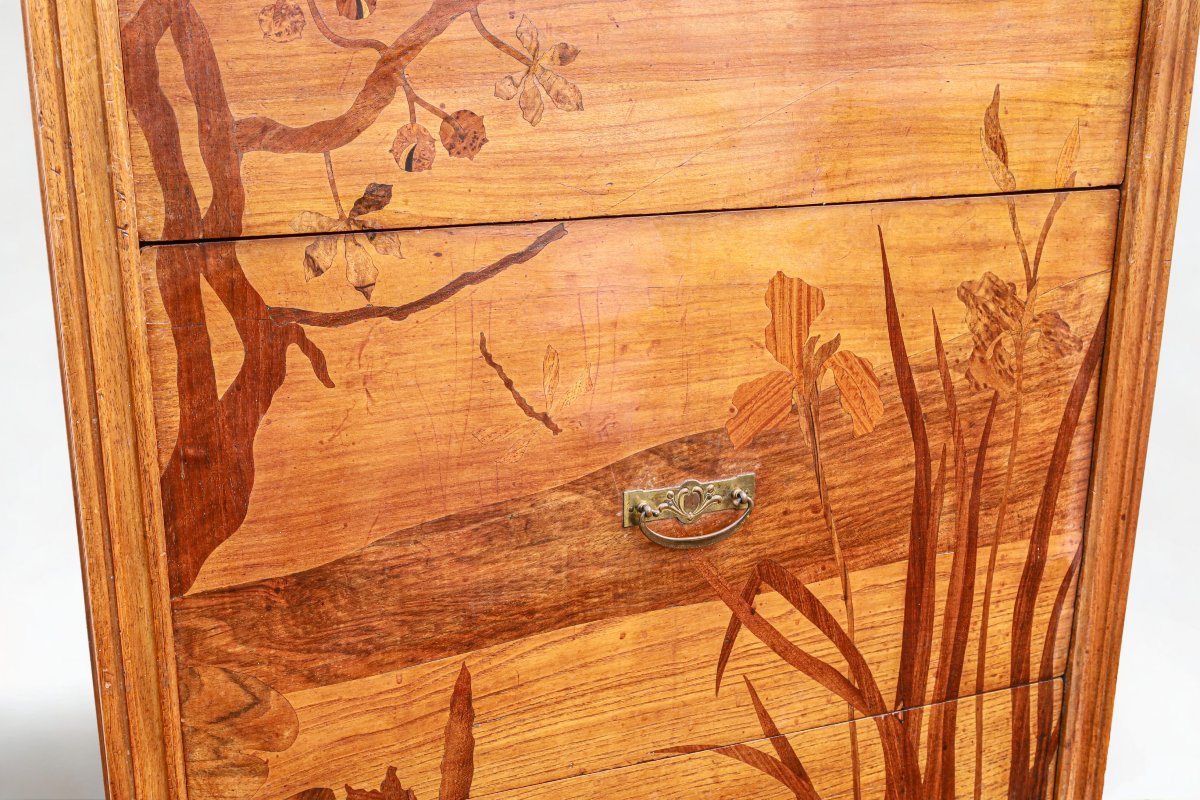 Rare Art Nouveau Walnut Chest Of Drawers With Iris, Chestnut, And Water Lily Motifs  -photo-1