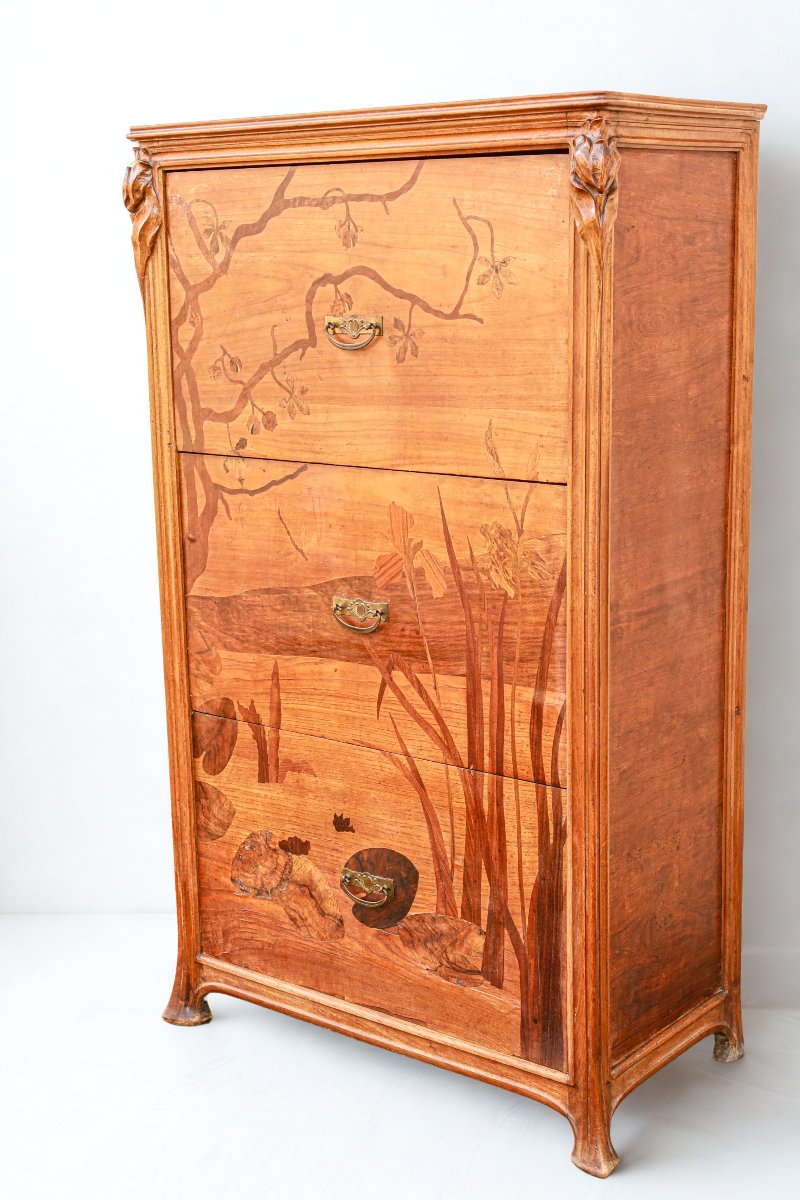 Rare Art Nouveau Walnut Chest Of Drawers With Iris, Chestnut, And Water Lily Motifs  -photo-2