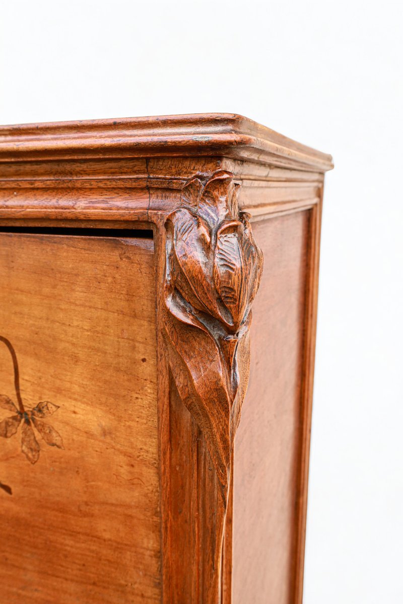 Rare Art Nouveau Walnut Chest Of Drawers With Iris, Chestnut, And Water Lily Motifs  -photo-5
