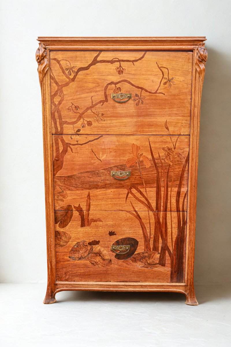 Rare Art Nouveau Walnut Chest Of Drawers With Iris, Chestnut, And Water Lily Motifs  
