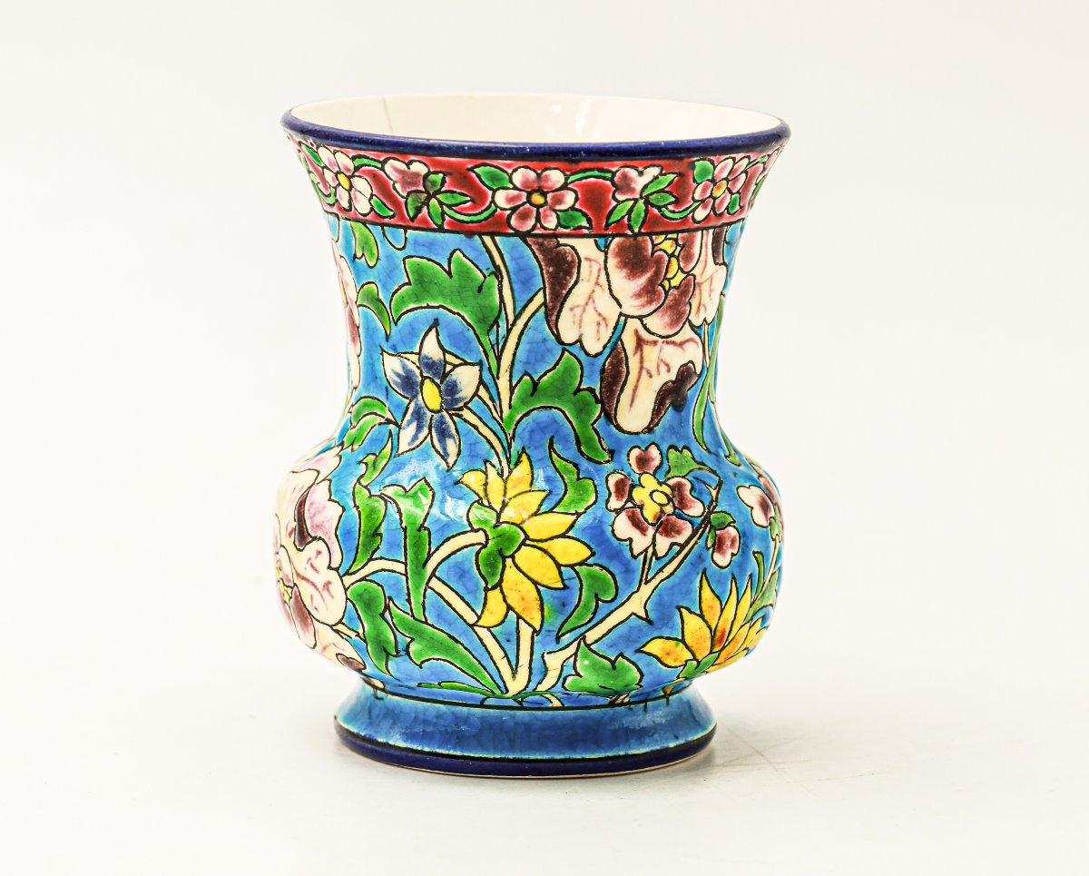 Small Art Nouveau Longwy Enamel Vase-photo-3