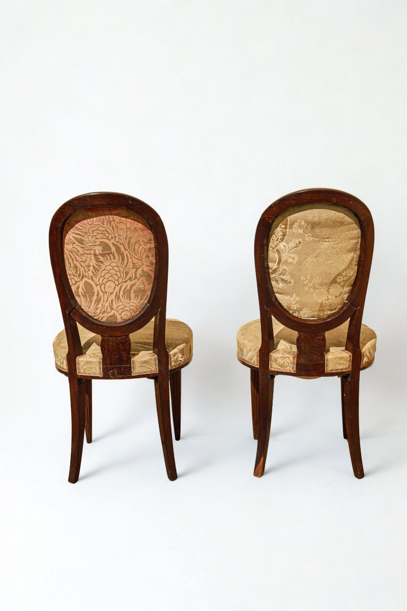 Paire de chaises à dossier médaillon d'époque Art Déco bois sculpté floral-photo-2