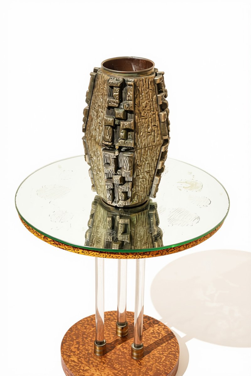 Modernist-style Jacques Adnet Side Table With Mirrored Top, Made Of Wood, Glass, And Brass-photo-2