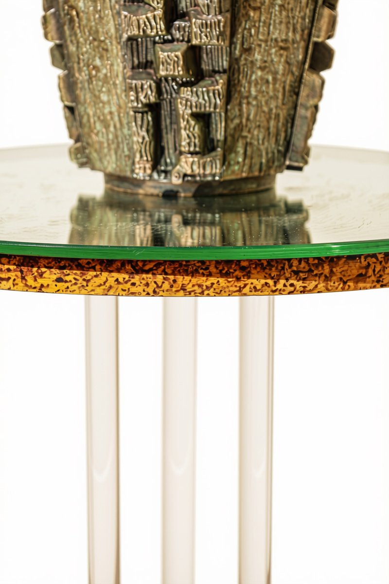 Modernist-style Jacques Adnet Side Table With Mirrored Top, Made Of Wood, Glass, And Brass-photo-4