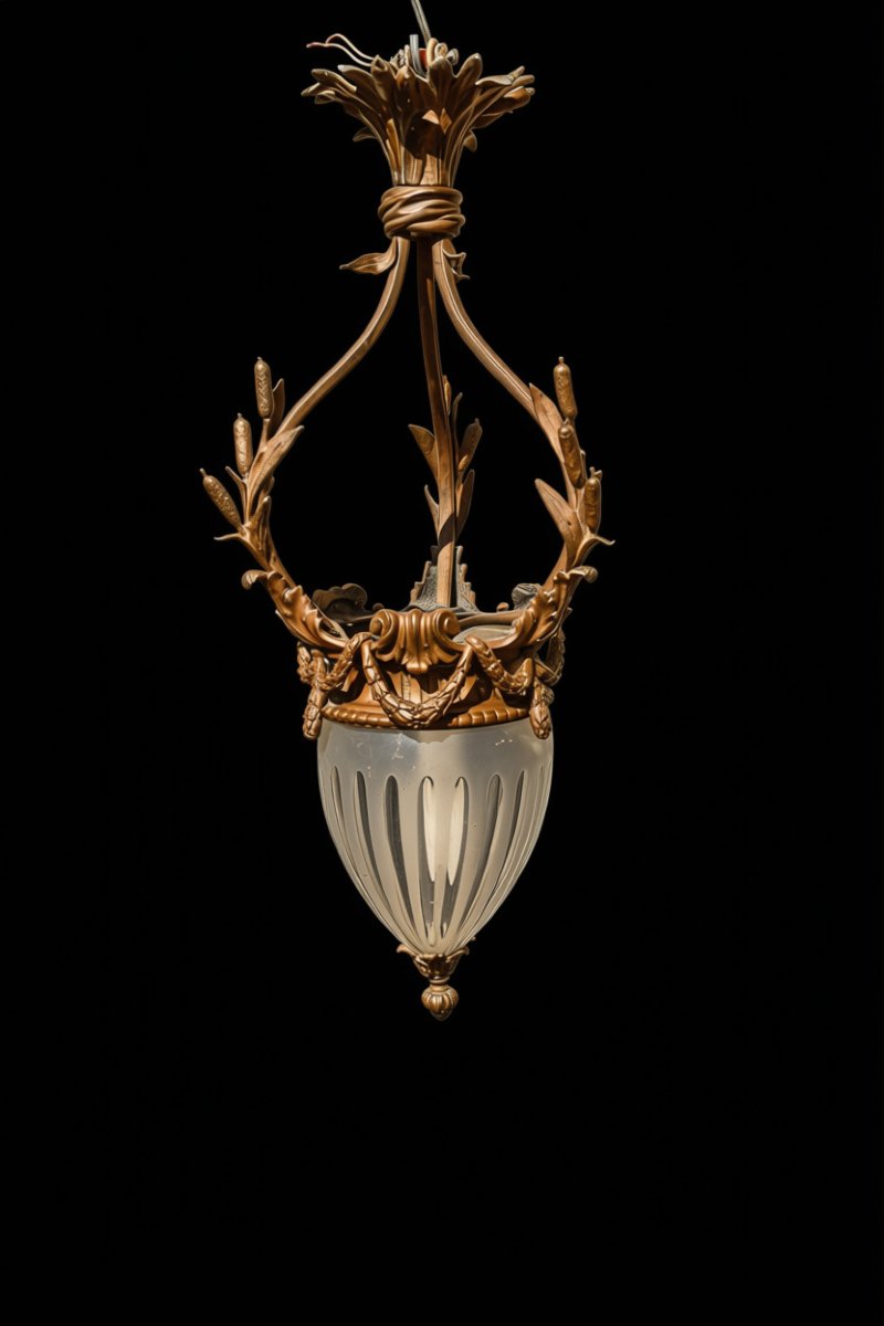 19th-century Louis XVI-style Bronze And Crystal Teardrop-shaped Hall Lantern -photo-2