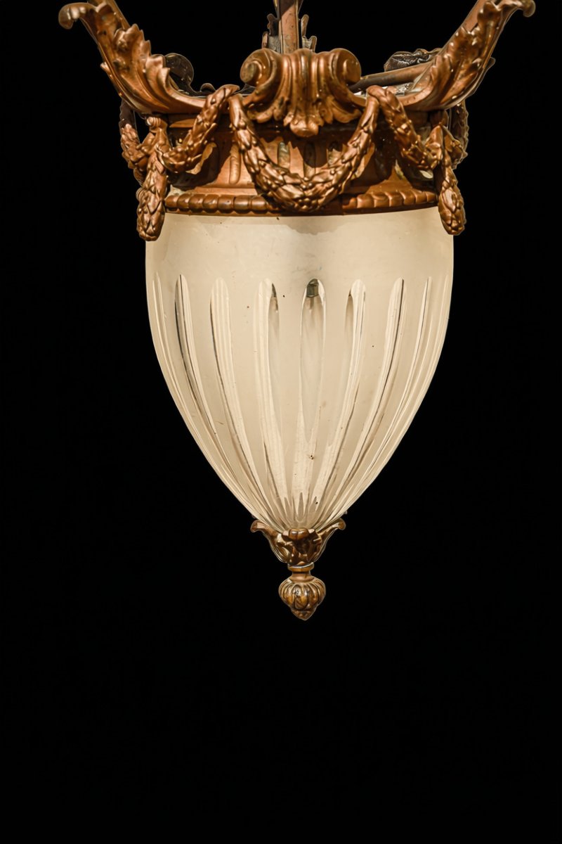 19th-century Louis XVI-style Bronze And Crystal Teardrop-shaped Hall Lantern -photo-4