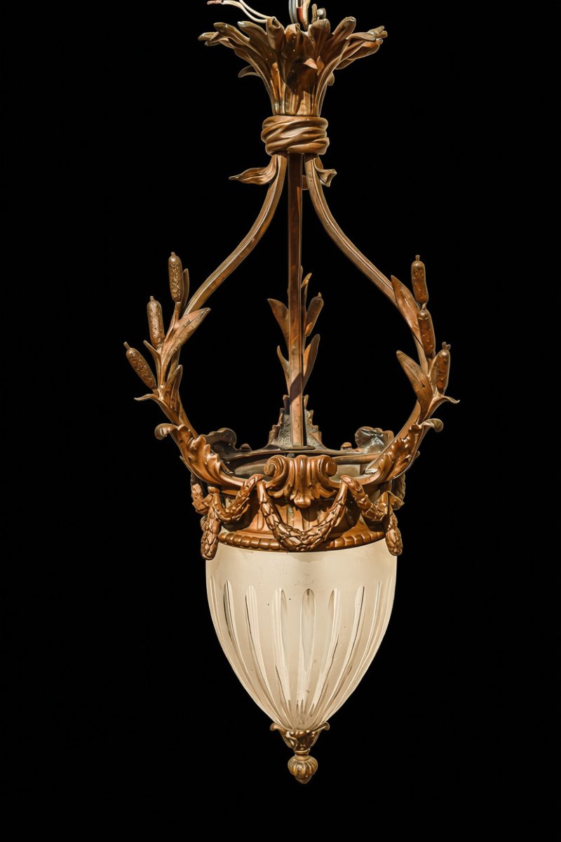 19th-century Louis XVI-style Bronze And Crystal Teardrop-shaped Hall Lantern 