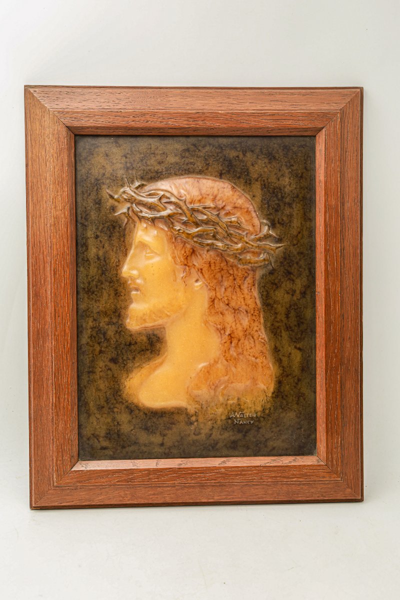 Cadre en pâte de verre représentant le Christ signé Almaric Walter Nancy Art Nouveau religieux-photo-2